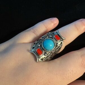 Vintage Style Faux Turquoise & Red Stone Statement Ring Silver Tone Sz 9